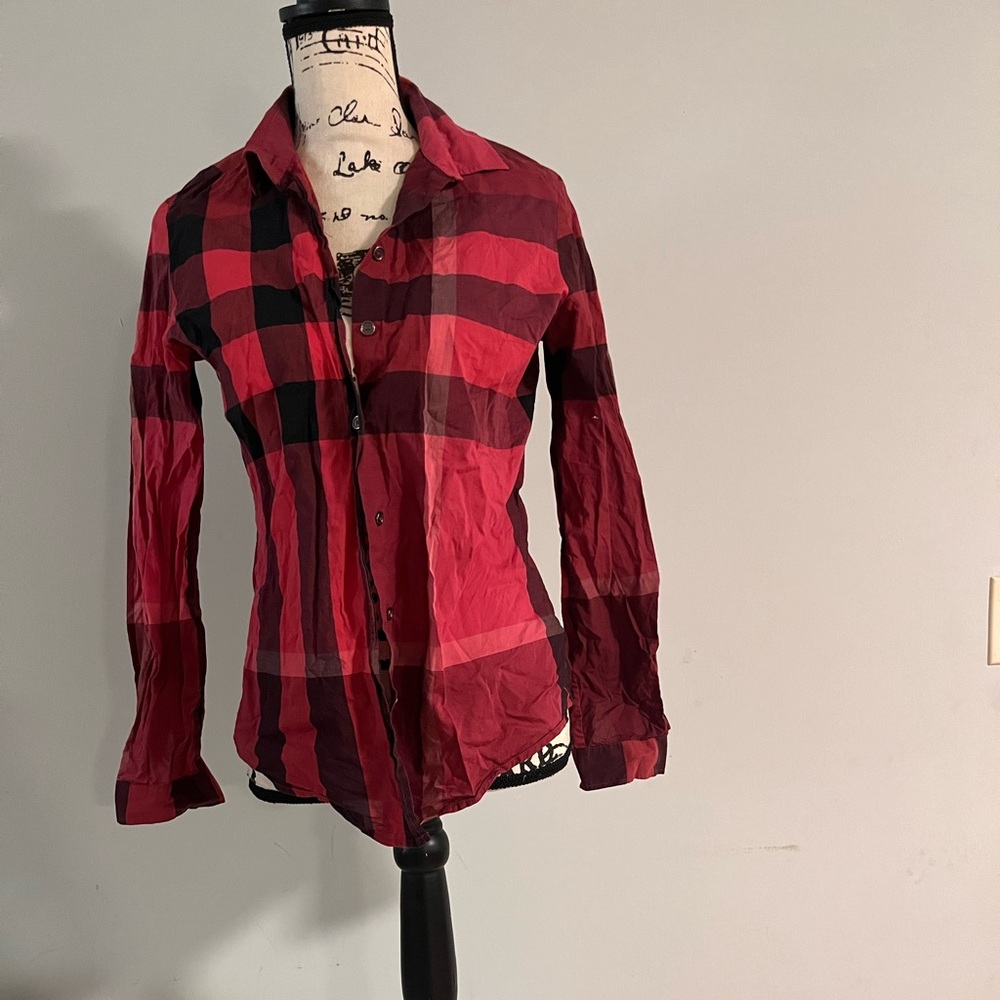 RED AND PINK burberry nova check button up shirt